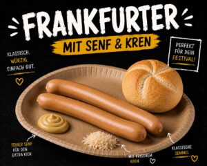 Frankfurter Würstel mit Senf und Gebäck